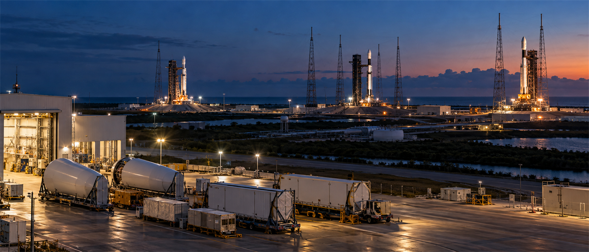 Aerial twilight view of multiple rockets on launch pads at Kennedy Space Center, with support towers and ground vehicles.