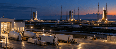 Aerial twilight view of multiple rockets on launch pads at Kennedy Space Center, with support towers and ground vehicles.