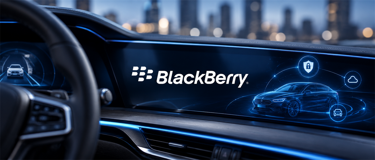 Car dashboard display showing the BlackBerry logo with connected vehicle icons for security, cloud, and automotive systems.