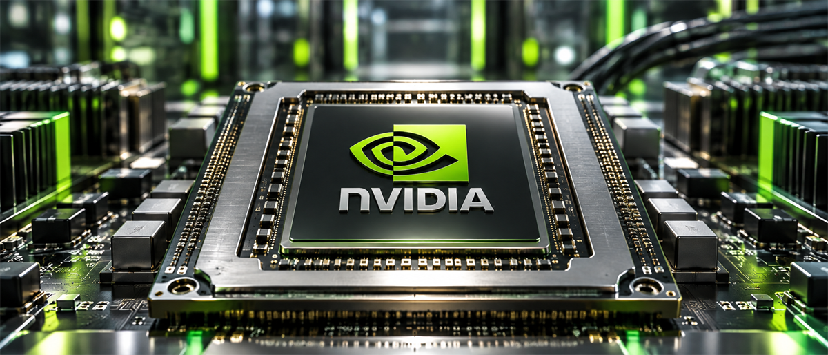 NVIDIA logo displayed on a computer chip mounted on a circuit board with green lighting.