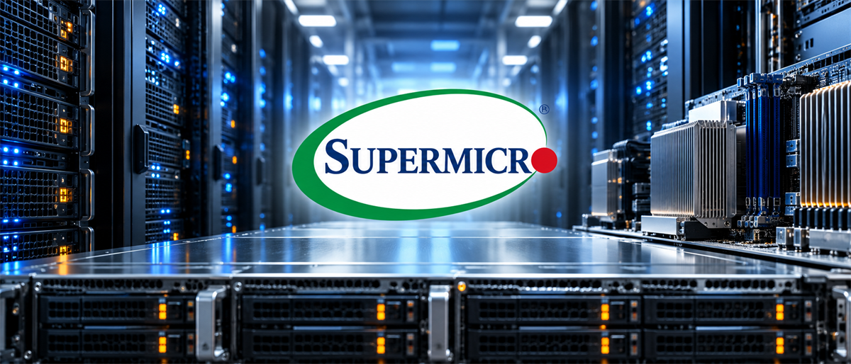 Supermicro logo displayed over a data center aisle with server racks and hardware components.