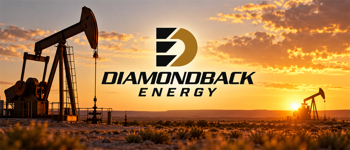 Diamondback Energy logo overlaid on a sunset oilfield scene with pumpjacks silhouetted against the sky.