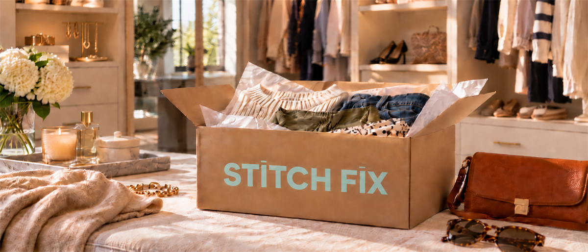 A Stitch Fix branded cardboard box filled with clothing items sits on a bed in a closet setting.