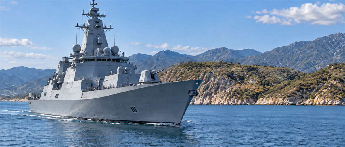 Gray naval warship equipped with radar and weapons systems sails through coastal waters near mountainous terrain.