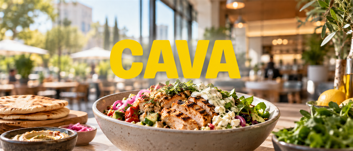 CAVA logo overlaid on a grain bowl with grilled chicken, pita, and hummus in a restaurant setting.