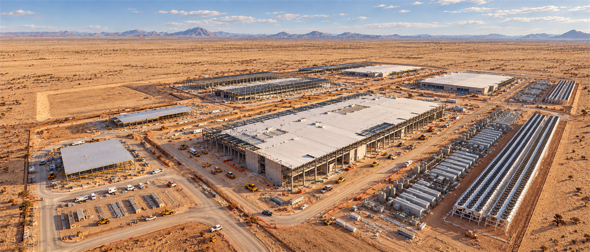 Aerial view of a large data center construction site with multiple buildings under development in a desert landscape.
