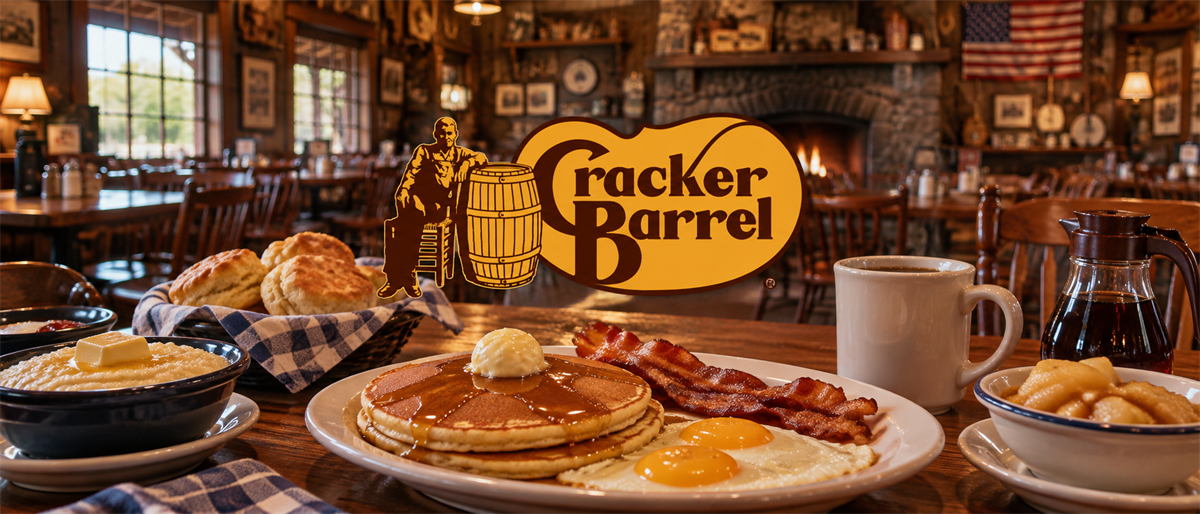 Cracker Barrel logo displayed over a breakfast plate with pancakes, eggs, and bacon inside a restaurant dining room.