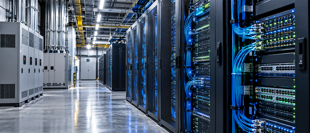 Row of server racks with blue cabling in a data center aisle, with electrical equipment along the wall.