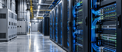 Row of server racks with blue cabling in a data center aisle, with electrical equipment along the wall.