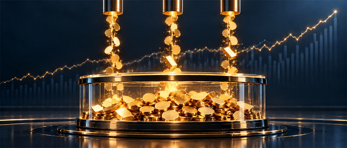 Illustration of gold coins pouring into a glass container above a rising stock price chart background.