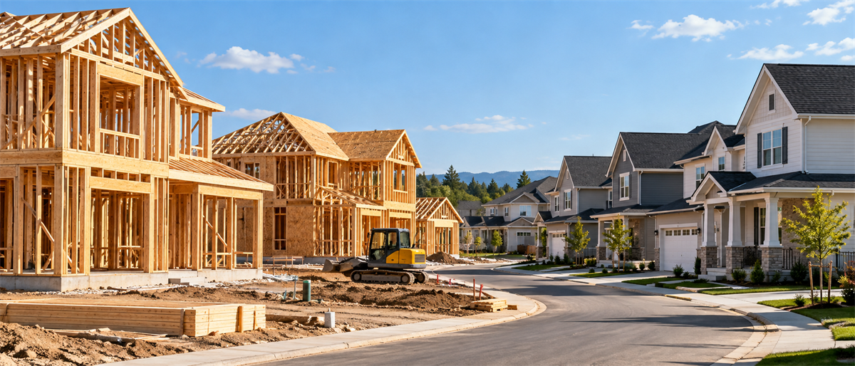 Residential street showing wood-framed homes under construction alongside completed houses in a new housing development.