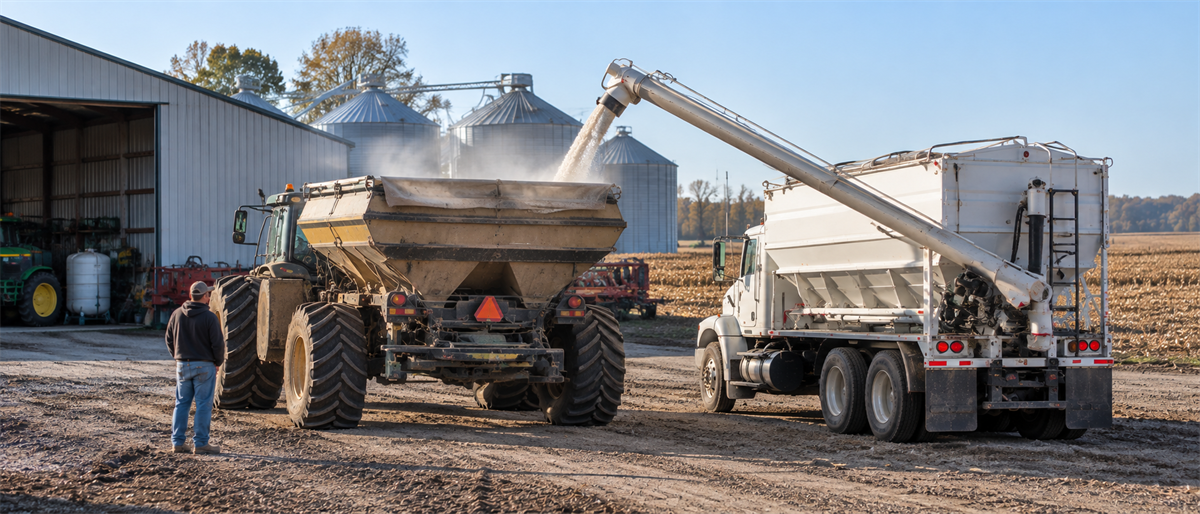 A truck loads material into a tractor-pulled spreader near grain bins and a farm building.
