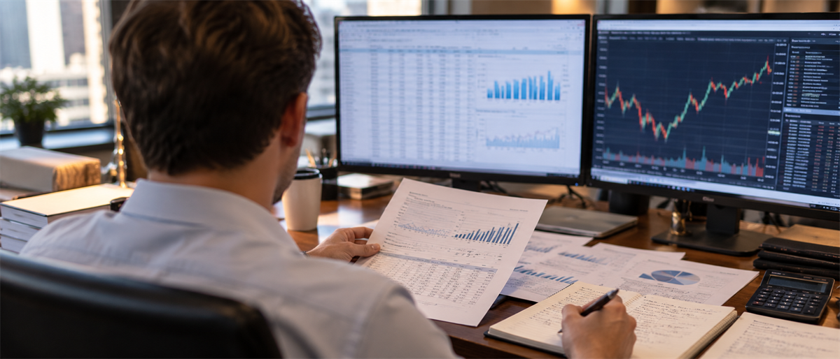 Analyst reviewing printed charts and holding a pen at a desk with dual monitors displaying stock price and bar charts.