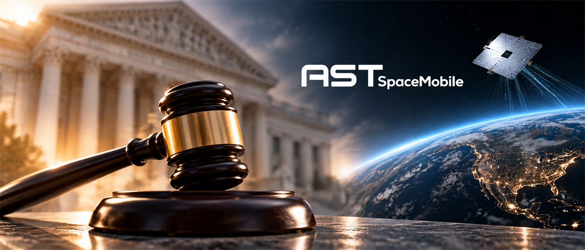 A gavel and courthouse building beside the AST SpaceMobile logo, a satellite, and Earth from space.