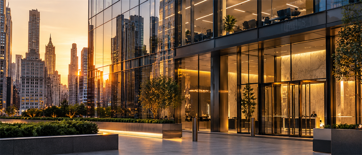 Glass-walled office building lobby at sunset with a city skyline reflected in the exterior facade.