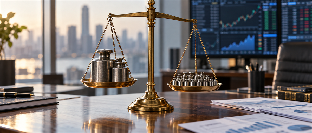 Brass balance scale with weights on an office desk, with a stock price chart displayed on a monitor in the background.