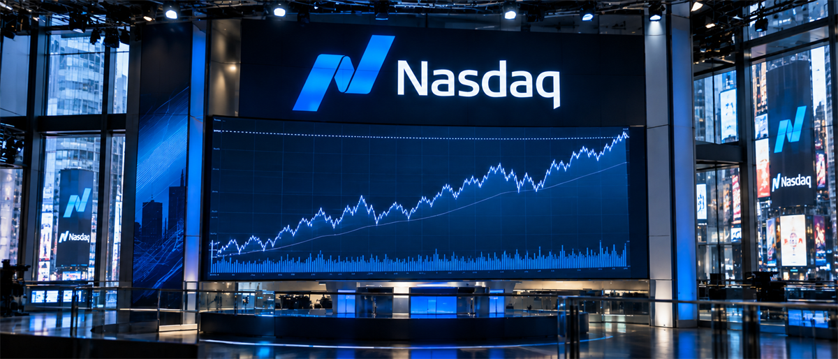Nasdaq logo above a large screen displaying an upward-trending stock price chart in the Times Square studio.