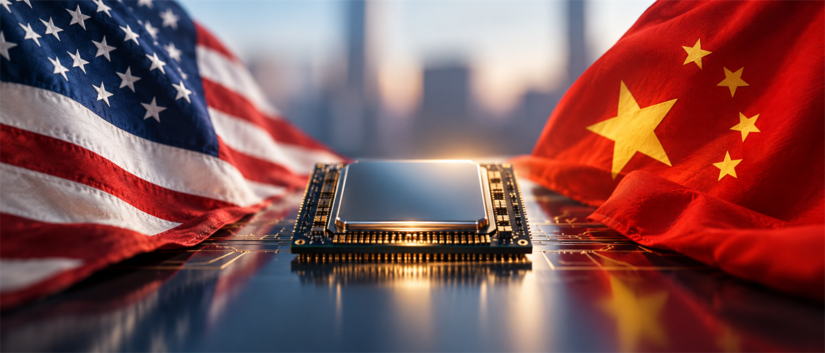 A computer chip on a circuit board sits between American and Chinese flags, symbolizing semiconductor trade tensions.