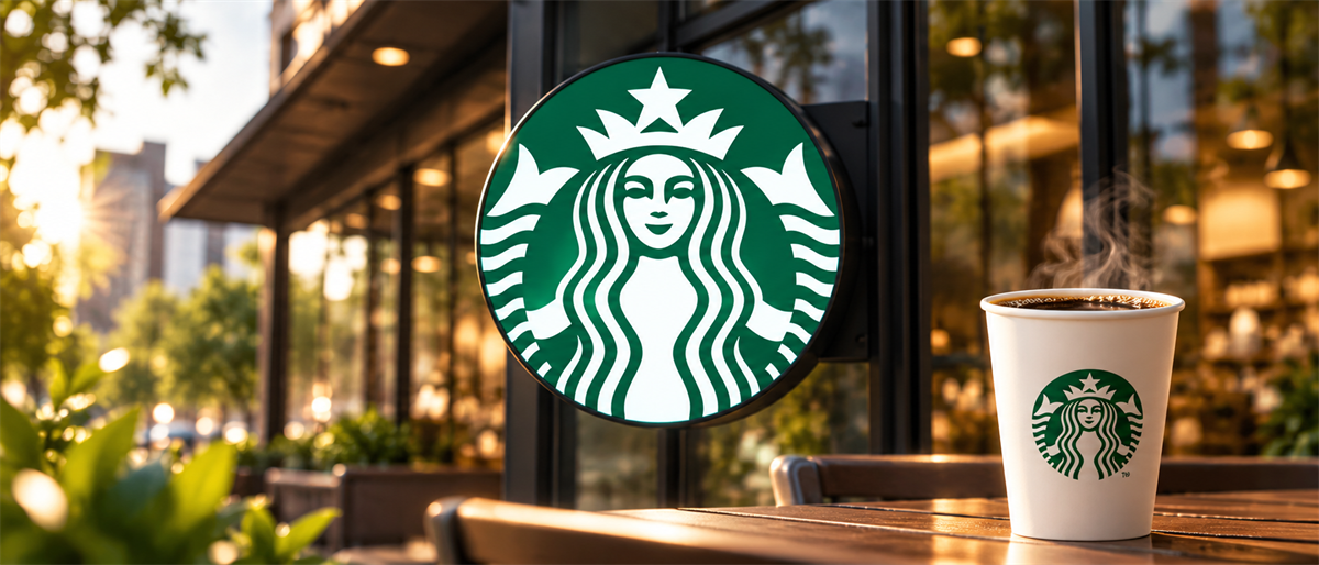Starbucks logo sign mounted outside a storefront, with a coffee cup bearing the Starbucks logo on a table.