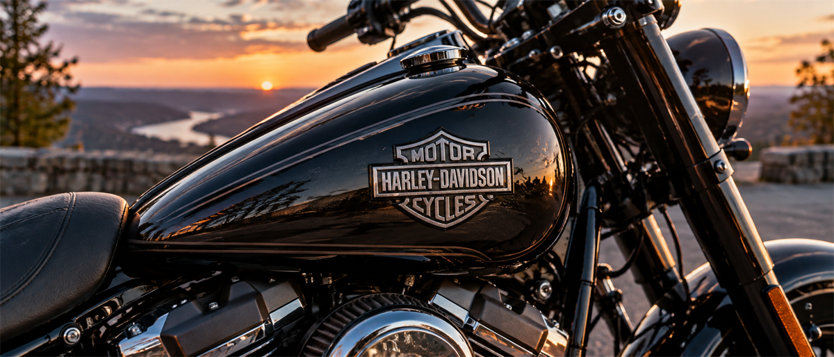 Close-up of a black Harley-Davidson motorcycle fuel tank with logo, overlooking a scenic valley at sunset.