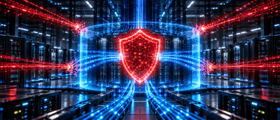 Illustration of a glowing red shield surrounded by blue data streams in a server data center, symbolizing cybersecurity.
