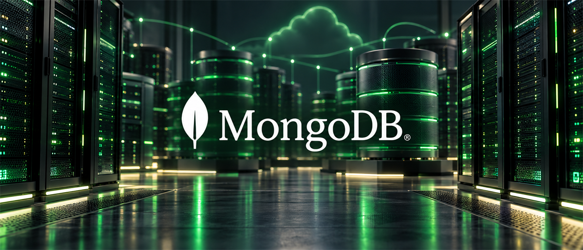 MongoDB logo displayed among illustrated server racks and cylindrical data storage units in a data center setting.