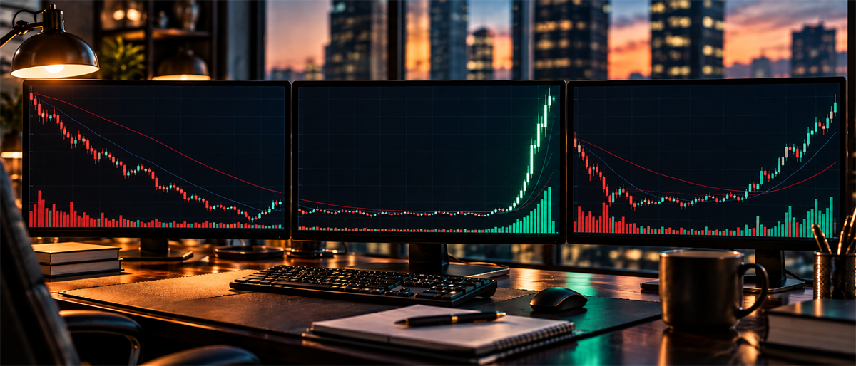 Three desktop monitors display candlestick stock price charts with volume bars, set in an office overlooking a city skyline.