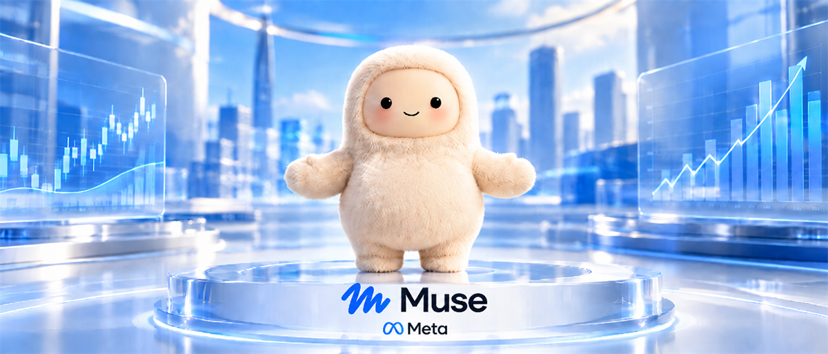 Illustration of a plush mascot with the Muse and Meta logos, flanked by upward-trending stock charts.