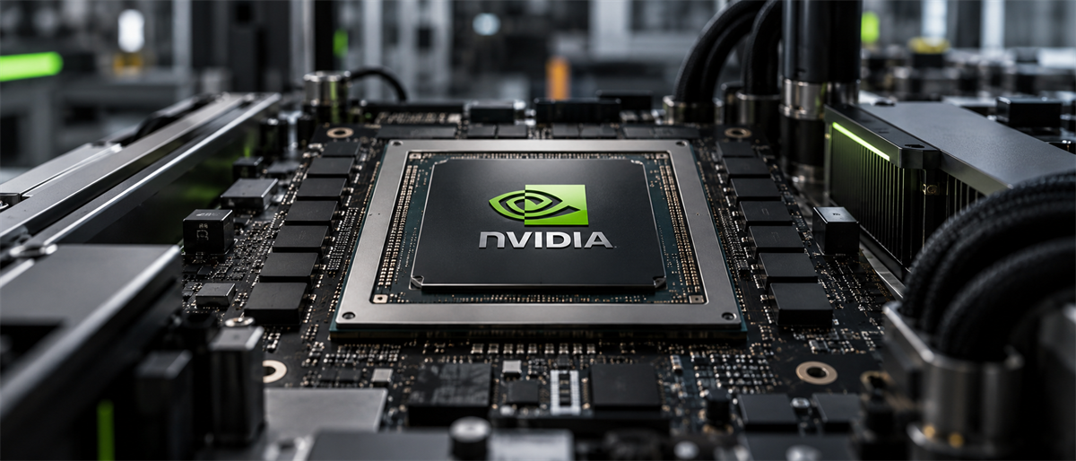 Close-up of an Nvidia logo on a computer chip mounted on a circuit board with cables and hardware components.