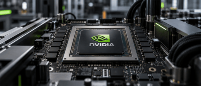 Close-up of an Nvidia logo on a computer chip mounted on a circuit board with cables and hardware components.