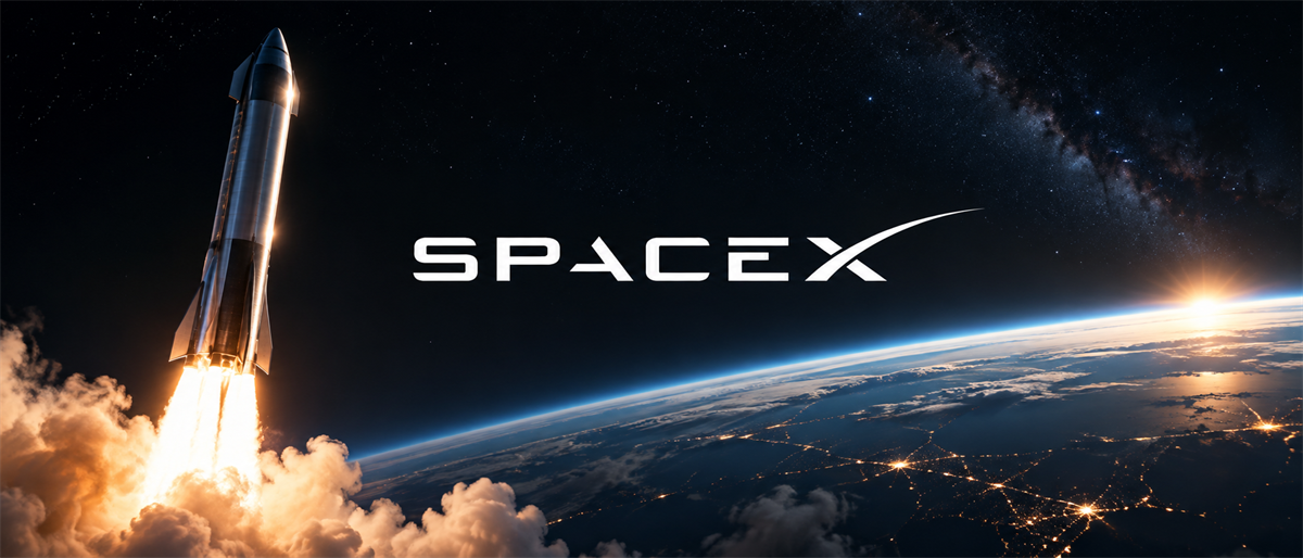 Illustration of a SpaceX rocket launching above Earth's atmosphere with the SpaceX logo displayed against a starry sky.