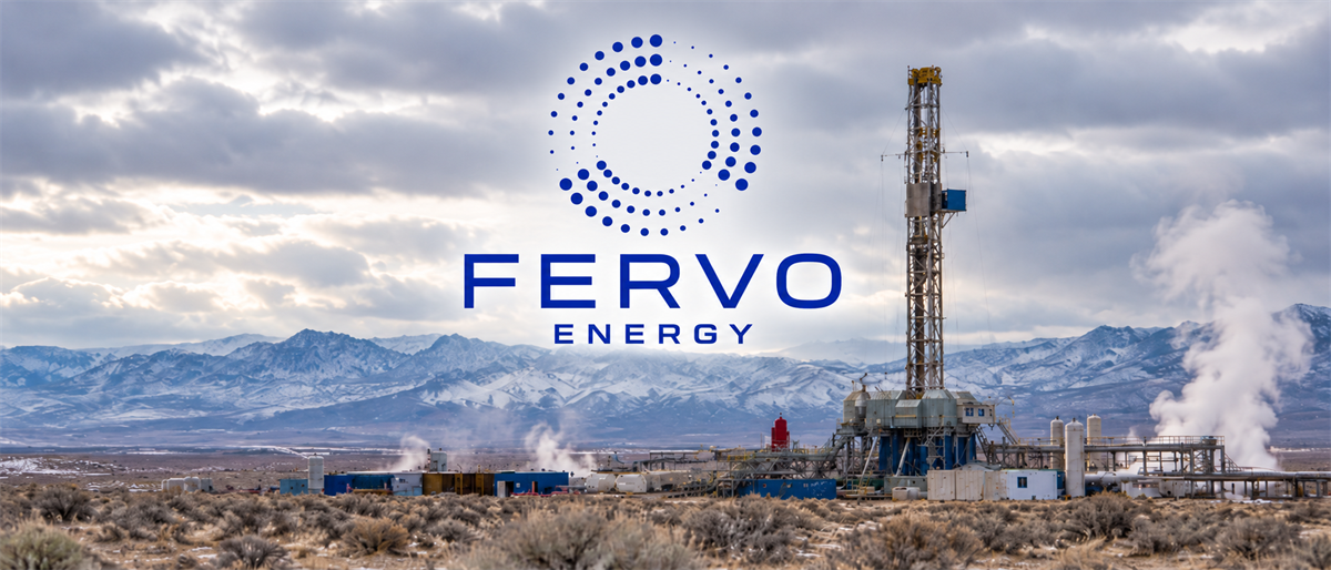 Fervo Energy logo over a geothermal drilling rig with steam vents, set against snow-capped mountains.