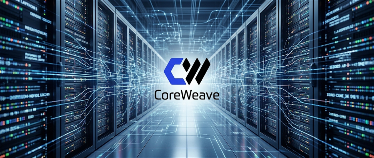 CoreWeave logo displayed in a data center aisle lined with server racks and digital network graphics.