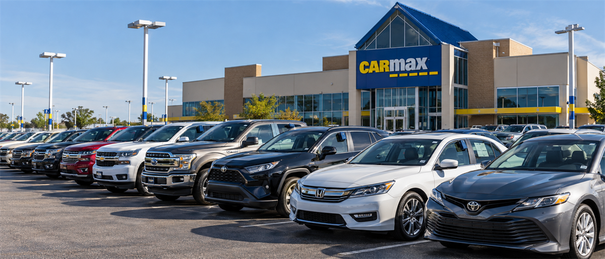 Rows of used vehicles parked in a lot outside a CarMax dealership building with its logo displayed.