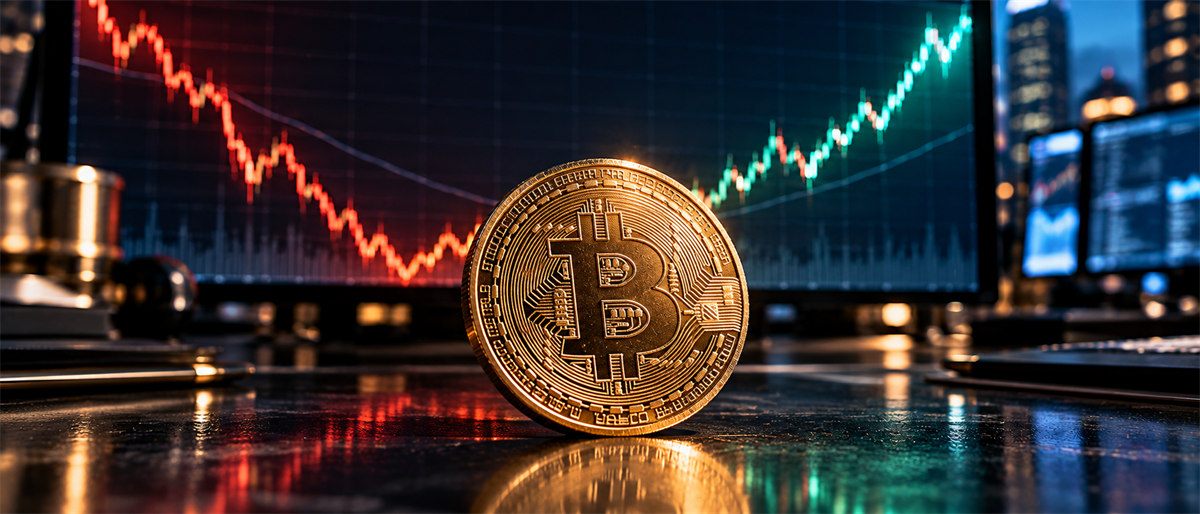 A physical Bitcoin coin stands in front of a screen showing a red-and-green price chart with computer monitors in the background.