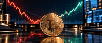 A physical Bitcoin coin stands in front of a screen showing a red-and-green price chart with computer monitors in the background.