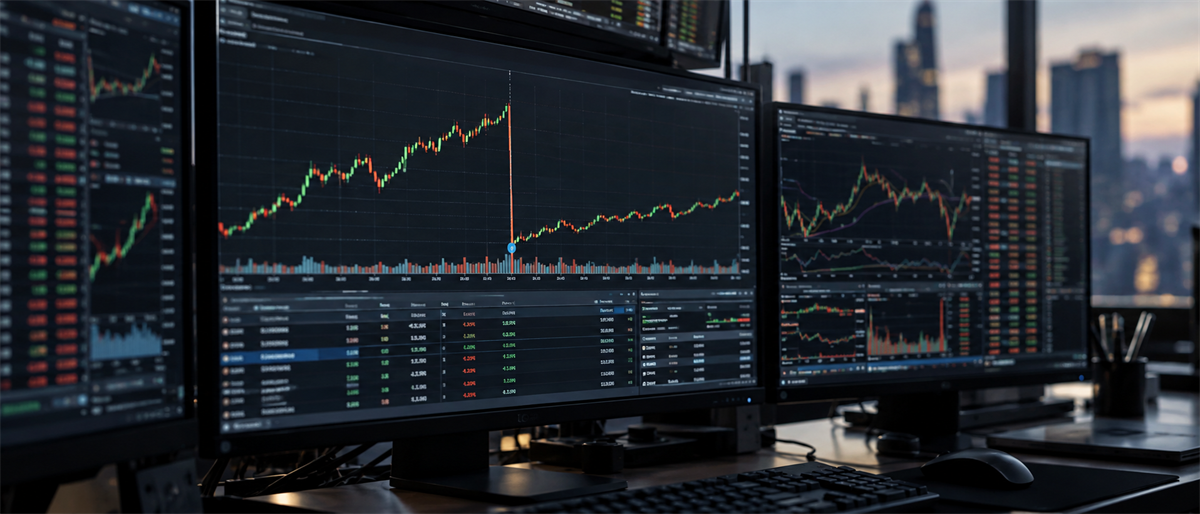 Multi-monitor trading desk displaying candlestick stock price charts, market data tables, and a city skyline at dusk.