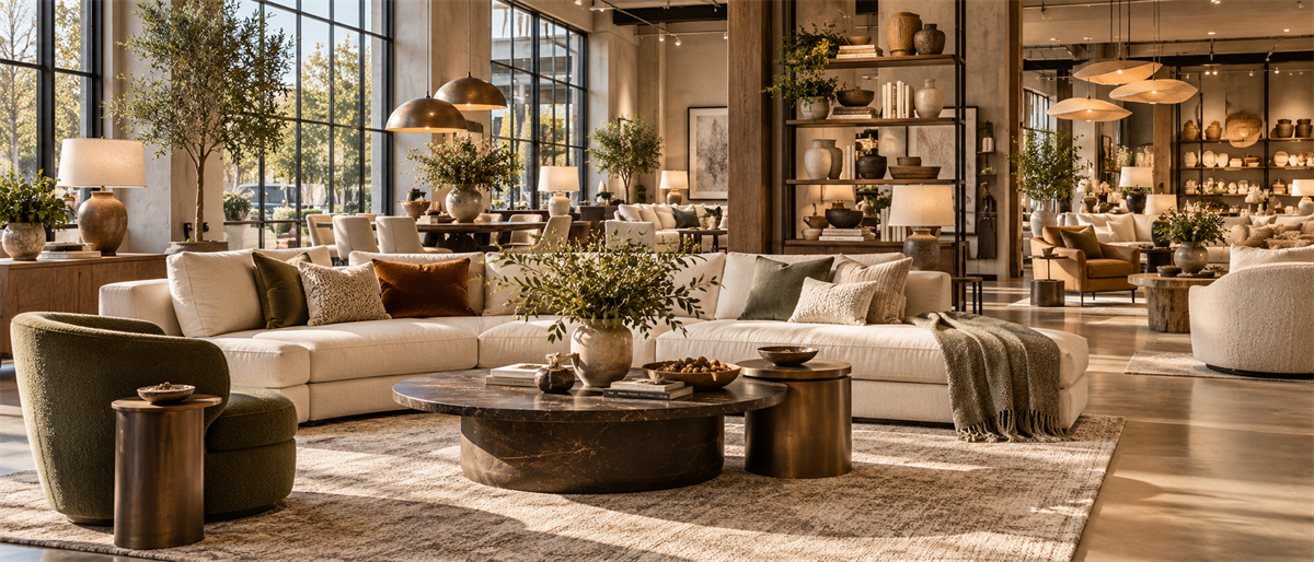Home furnishings showroom displaying curved sofas, armchairs, coffee tables, and decorative shelving in a neutral color palette.