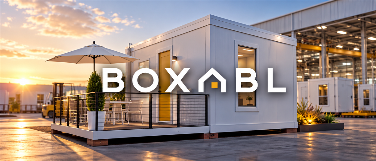 Boxabl logo overlaid on a modular prefab home with deck and patio furniture at a manufacturing facility.