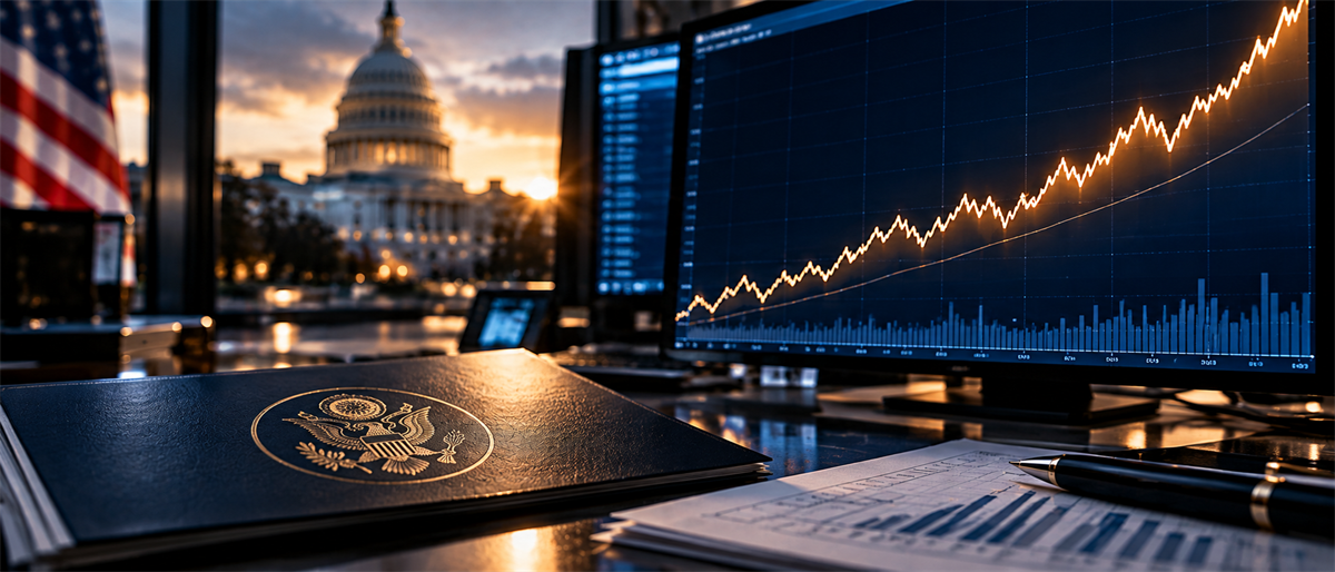 Computer monitor displaying an upward stock price chart on a desk with a government seal folder and the U.S. Capitol visible.
