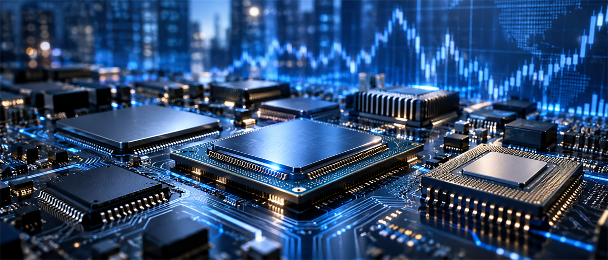 Close-up of computer chips on a circuit board with a candlestick stock chart overlay in the background.