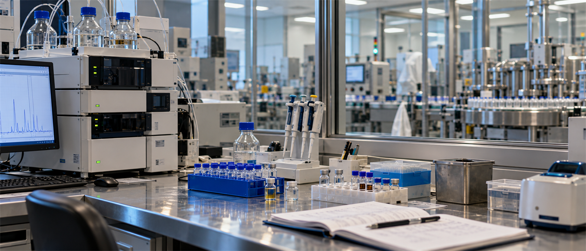 Laboratory workbench with chromatography instrument, pipettes, sample vials, and a notebook, with a production line visible beyond the glass wall.