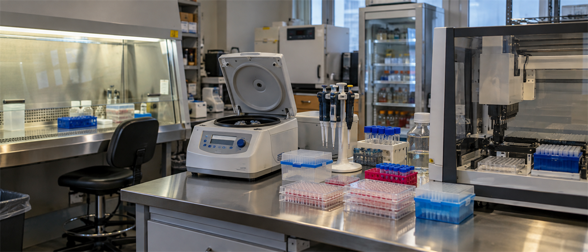 Laboratory workstation with a centrifuge, pipettes, sample racks, and automated liquid-handling equipment on a metal bench.