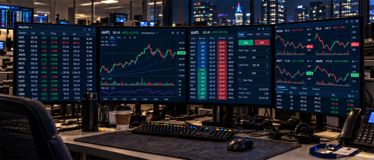 Multi-monitor trading desk displaying AAPL price charts, order entry screen, watchlist, and stock quotes including NVDA, TSLA, and AMZN.