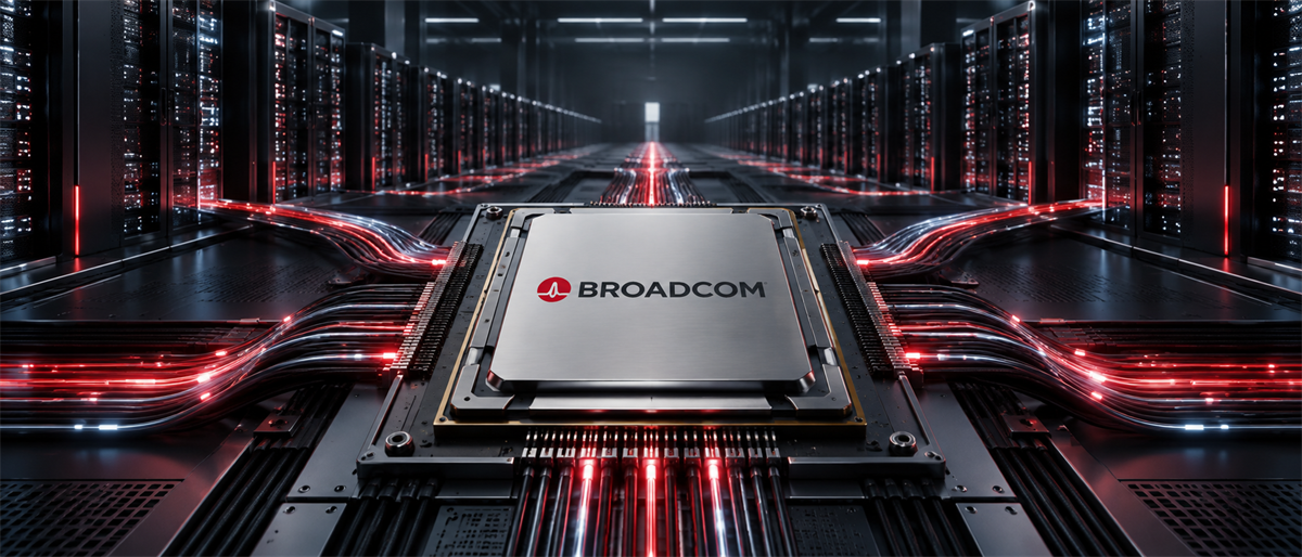 Illustration of a Broadcom-branded semiconductor chip in a data center aisle with glowing red connective cables.