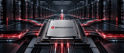 Illustration of a Broadcom-branded semiconductor chip in a data center aisle with glowing red connective cables.