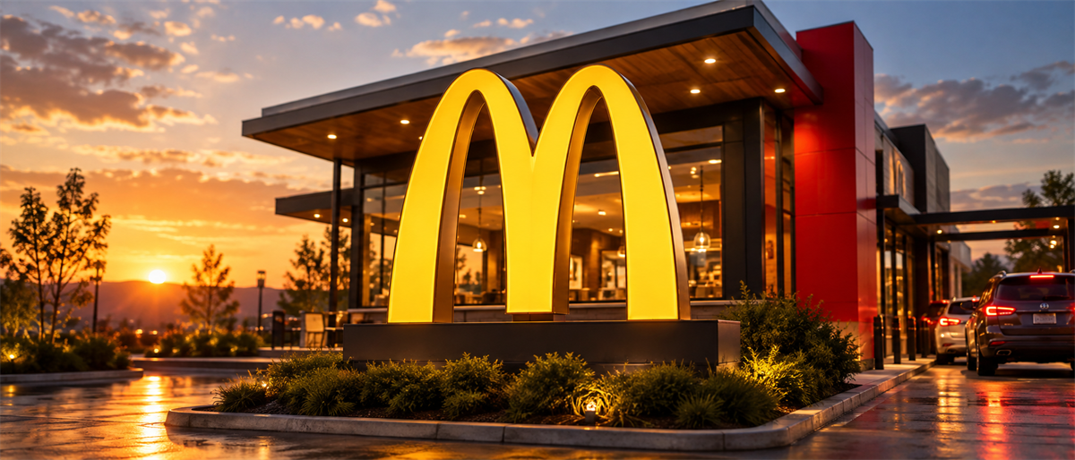 Illuminated McDonald's golden arches sign in front of a modern restaurant building at sunset.