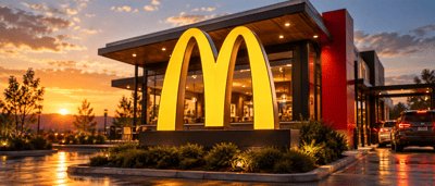 Illuminated McDonald's golden arches sign in front of a modern restaurant building at sunset.