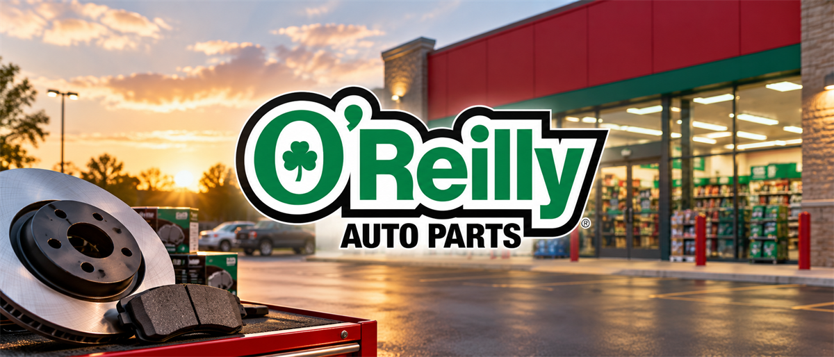 O'Reilly Auto Parts logo displayed in front of a storefront at sunset, with brake rotors and pads in foreground.