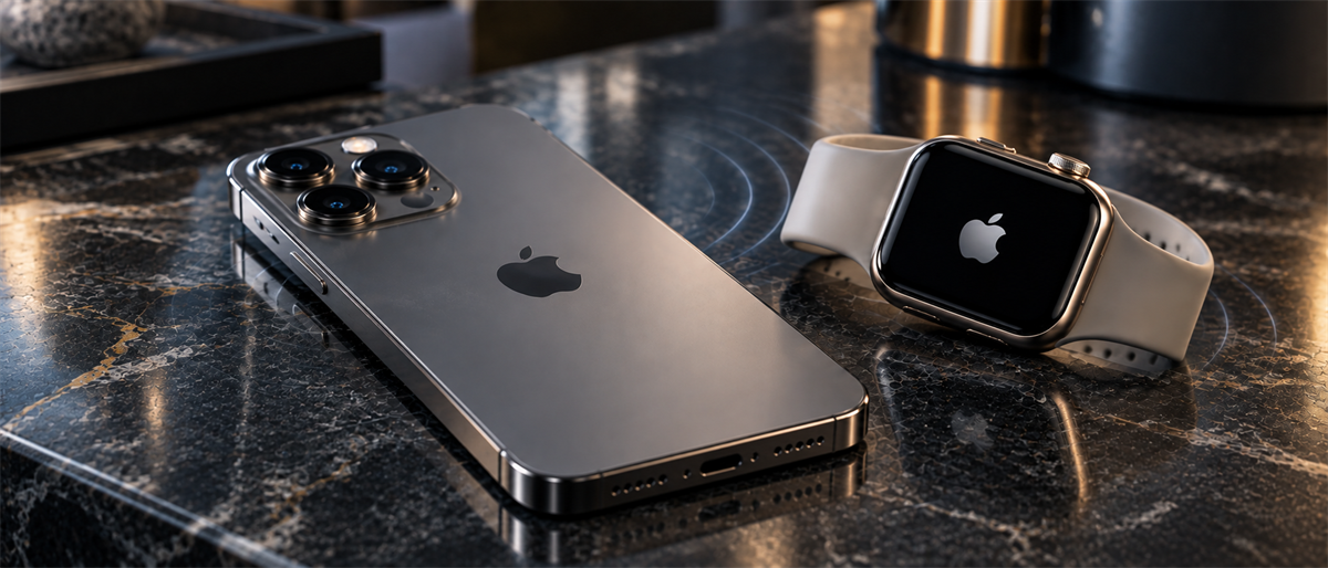 An Apple iPhone with triple-camera lenses lies next to an Apple Watch with a white band on a marble surface.